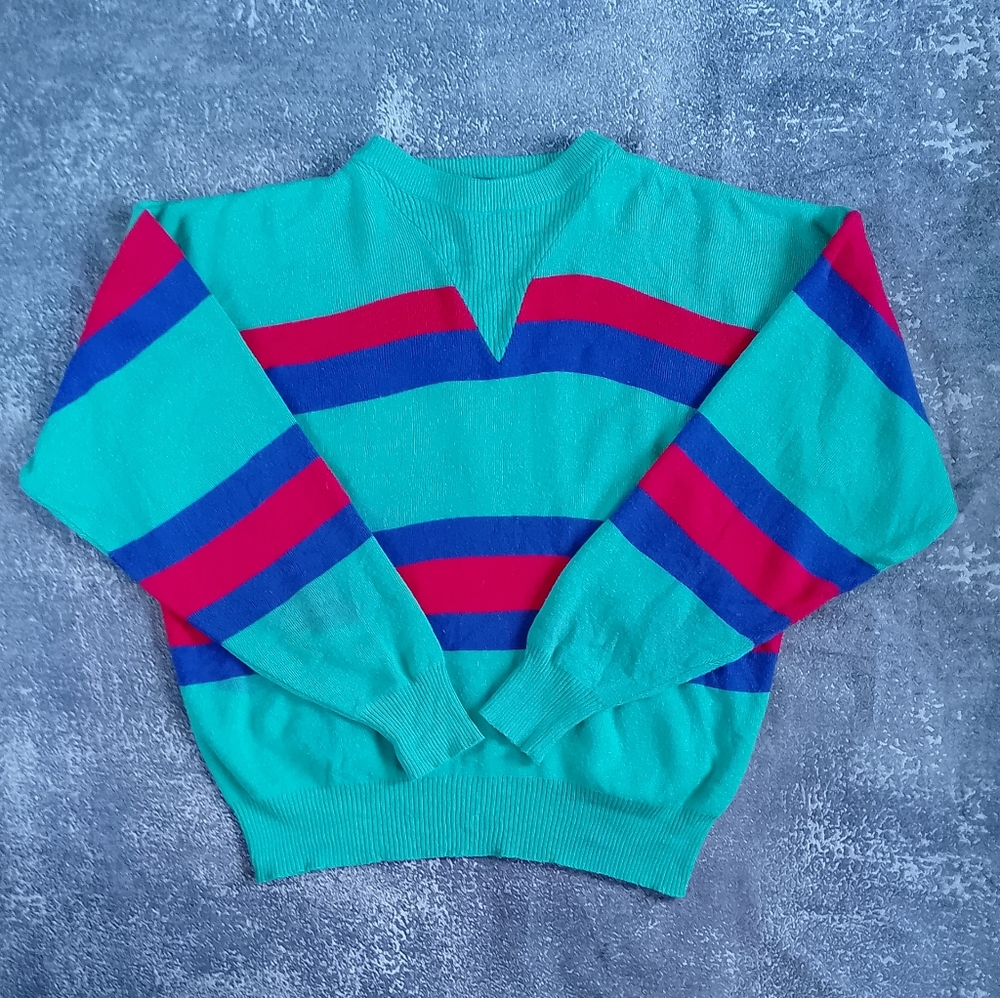 Vintage 80s Wool Striped Multicoloured Unisex Sweater Made In HONG KONG